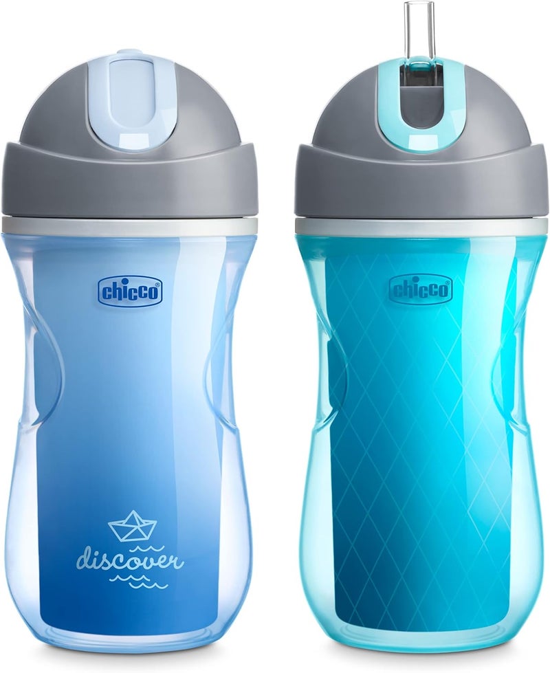 Chicco Flip-Top Straw Cup 9oz | Insulated Toddler Sippy Cup with Soft Silicone Straw | No-Spill Valve | Easy-Clean | BPA-Free | 2pk | For Ages 12+ Months | Blue Discover/Teal - Image 1